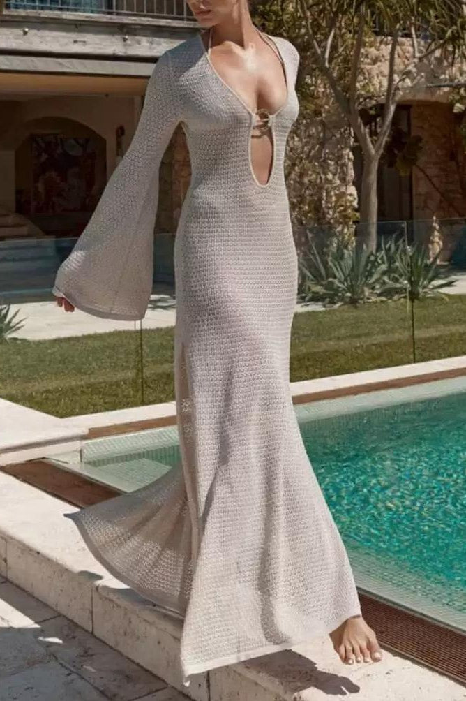 Hollow Out Split Knit Boho Dress