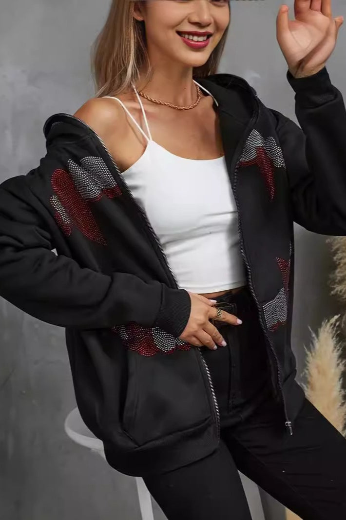 Rhinestone Zip Up Gothic Hoodie