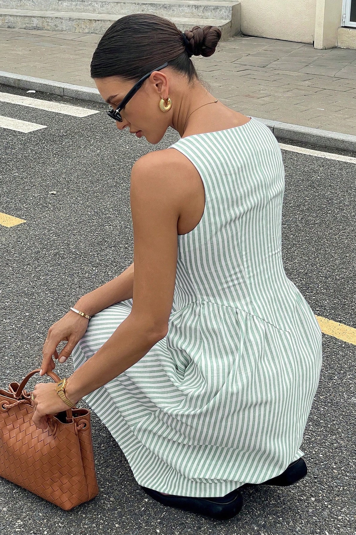 Elegant Striped Square Neck Vacation Dress
