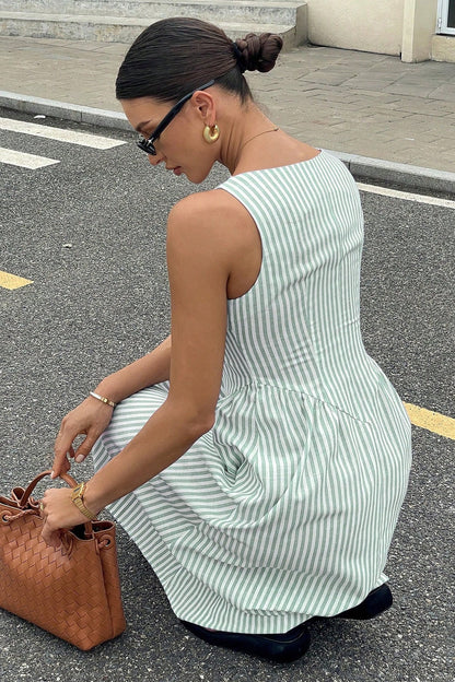 Elegant Striped Square Neck Vacation Dress