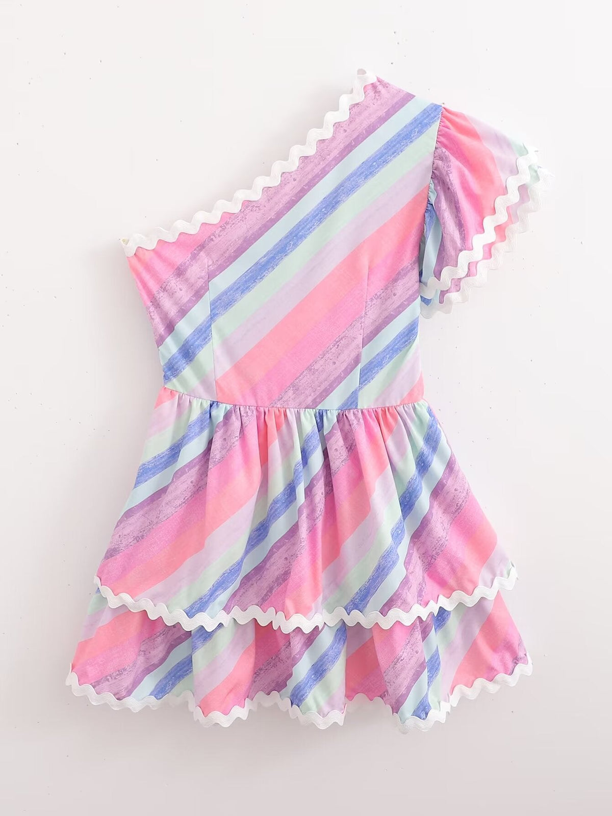 Summer Ribbon Patchwork Stripes Shoulder Tiered Dress
