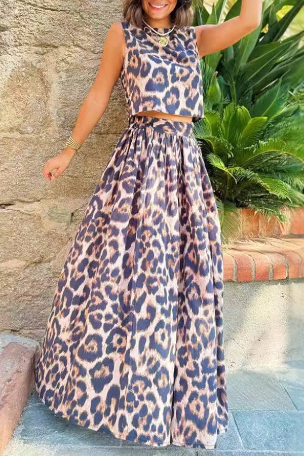 Leopard Print Sleeveless Crop Top & High-Waisted Maxi Skirt Two-Piece Set