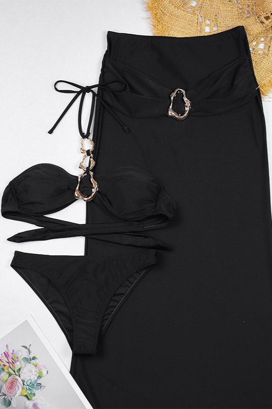 Solid Long Skirt Beach Three Piece Swim Set