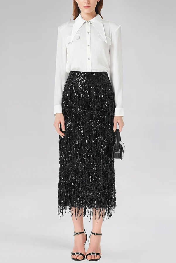 Evening Charm Layered Sequined Tassels High Rise Back Zipper Slit Midi Skirt