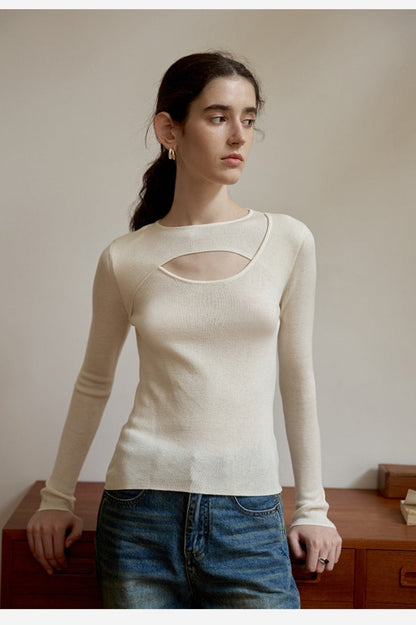 Sheer Panel Slim Wool Knit Top