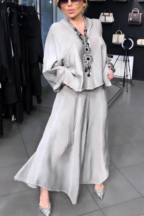 Melissa V-neck Sheer Batwing Sleeve Loose Blouse and Elastic Waist Pocketed Bell Hem Pants Set