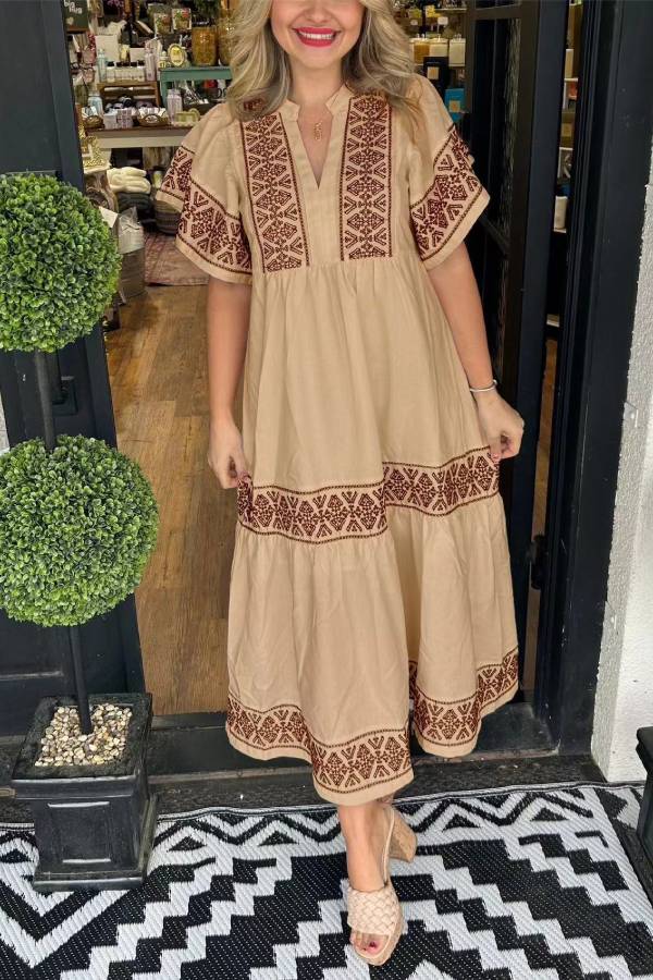 Multi-Color Ethnic Embroidered V-Neck Short Sleeve Tiered Midi Dress