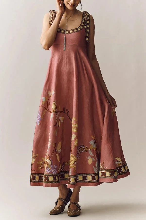 Linen Blend Unique Printed Tie-up Suspenders Pocket Elegant Vacation Maxi Dress