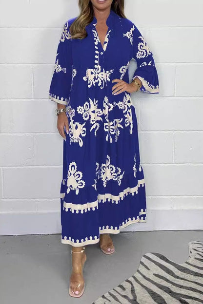 Floral Print Band Collar Waist Cinching Elegant Boho Dress