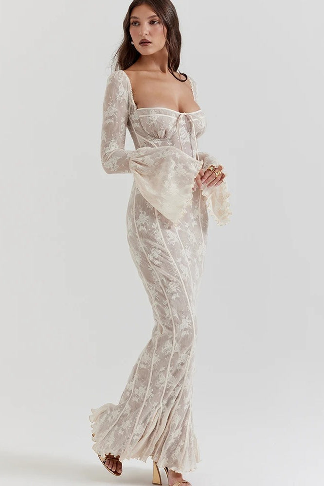 Square Collar Long Sleeve Maxi Dress