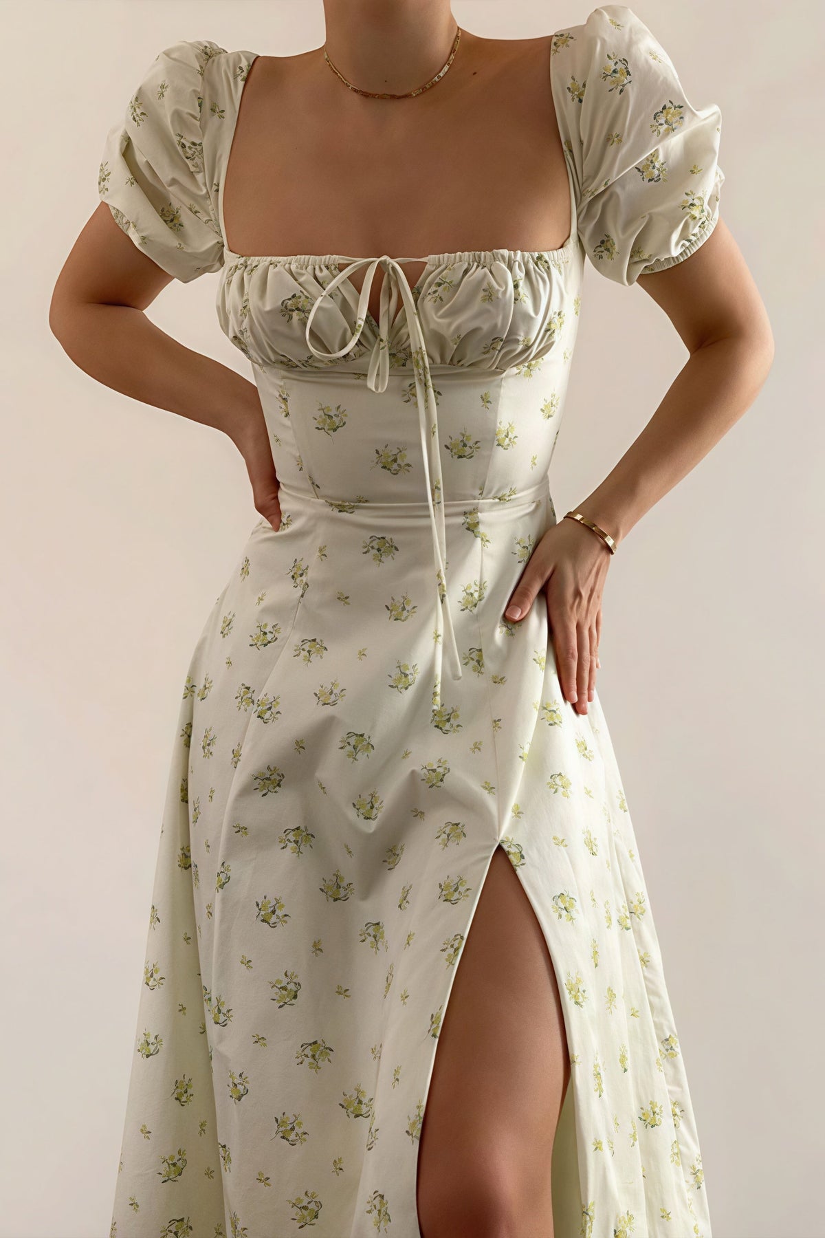 Square Neck Short Sleeve Slit Slim Floral Dress