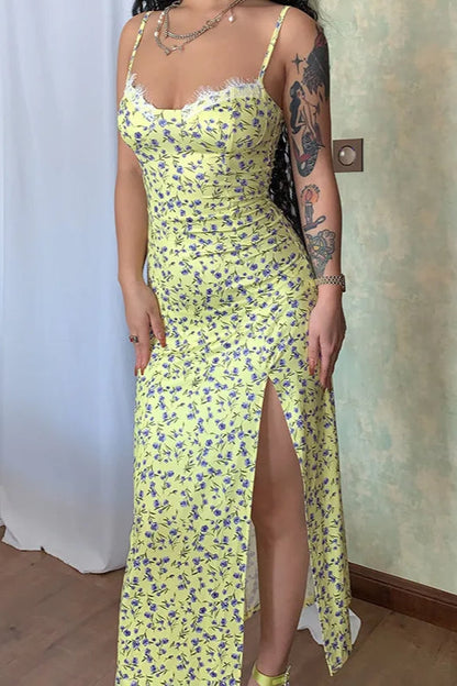 Floral Corset Sweetheart Lace Trim Spaghetti Strap High Split Midi Dress