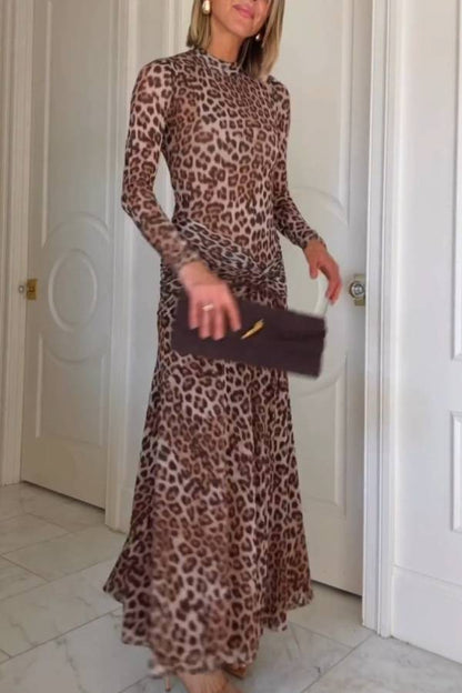 Retro leopard print high collar slim floor-length dress
