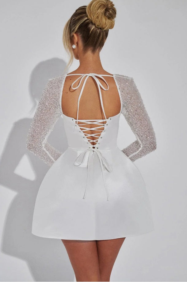 Plunging Solid Square Neck Lace Panel Long Sleeve Cocktail Dress