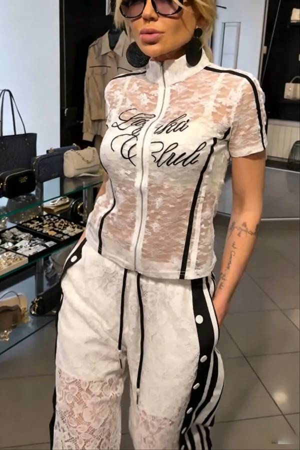 Khloe Lace Striped Patchwork High Neck Zip-Up Top and Elastic Waist Pocket Side Button Pants Set