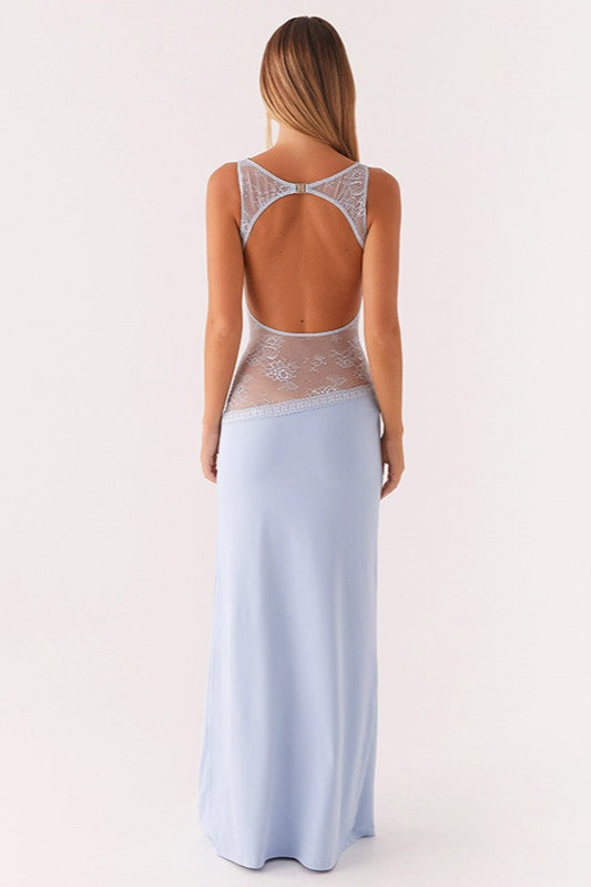 Sheer Lace Satin Panel Backless Fit Lace Dress