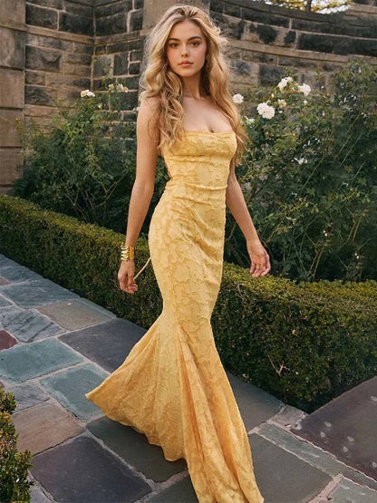 Floral Jacquard Spaghetti Strap Square Neck Mermaid Maxi Gown