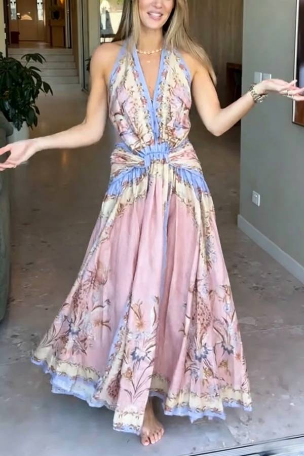 Chapel Linen Blend Floral Print Cutout Tie-up Waist Pocket Halter Backless Maxi Dress
