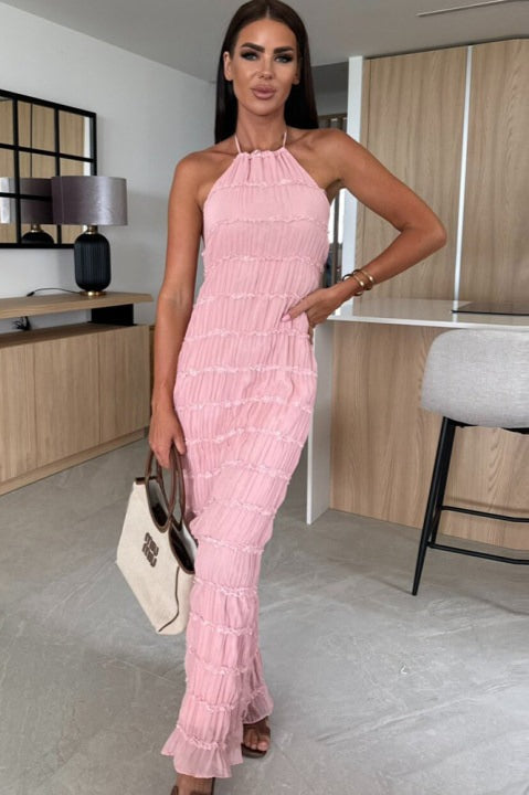 Backless Ruched Striped Tie Ruffled Maxi Boho Dress
