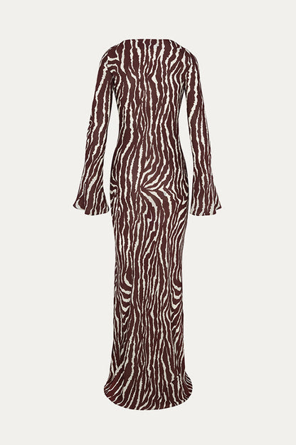 Floral Print Scoop Neck Bell Sleeve Bias Cut Maxi Dress