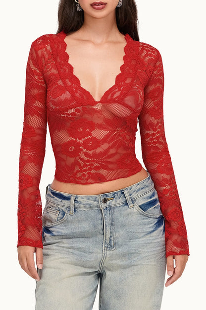 Solid V Neck Lace Bodycon Long Sleeve Tee
