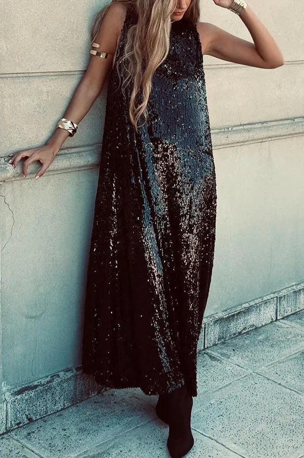 Twas The Night Sequin Round Neck Sleeveless Drape Loose Maxi Dress