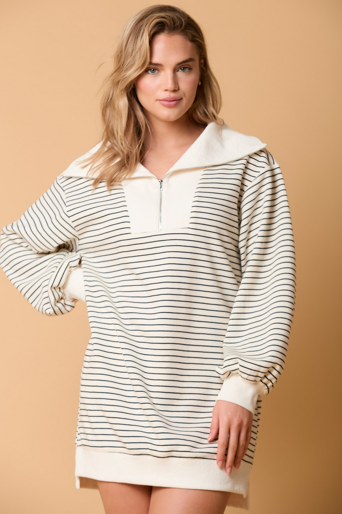 Autumn Winter Women Long Sleeve Polo Collar Stripes dress Loose Casual Dress Women