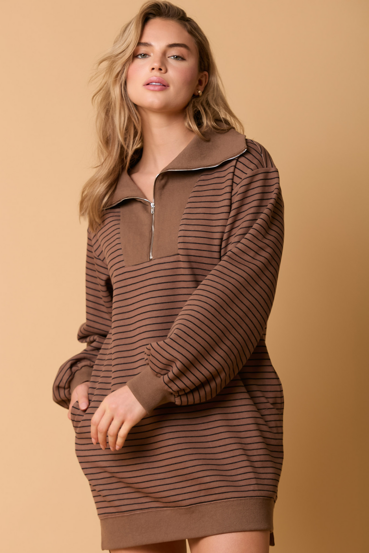 Autumn Winter Women Long Sleeve Polo Collar Stripes dress Loose Casual Dress Women