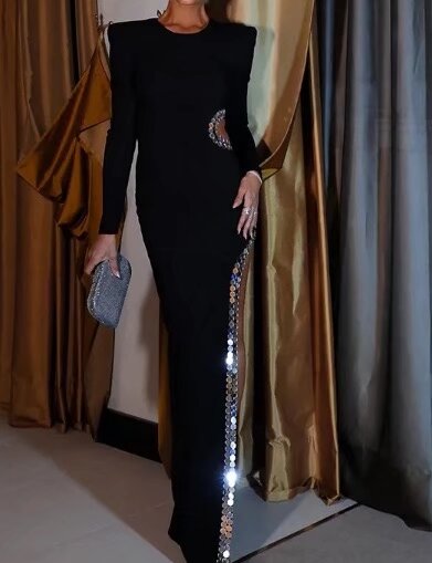 Padded Shoulder Long Sleeve Mirror Disc Trim Cutout High Slit Maxi Dress