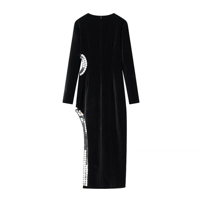 Padded Shoulder Long Sleeve Mirror Disc Trim Cutout High Slit Maxi Dress