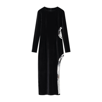 Long Sleeve Structured Shoulder Cut Out High Split Maxi Gown