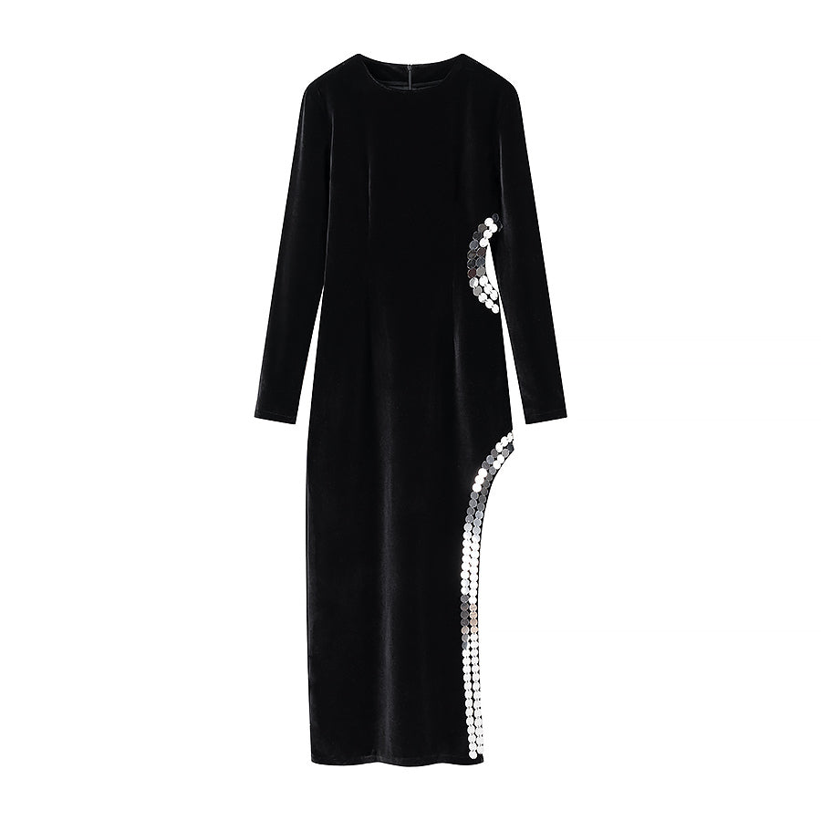 Padded Shoulder Long Sleeve Mirror Disc Trim Cutout High Slit Maxi Dress