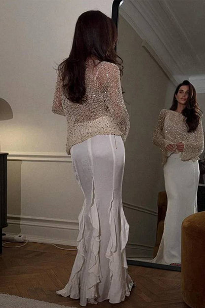 Fashion Sequined Hollow Long Sleeve Loose Knit Top