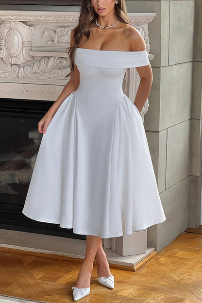 Off Shoulder Foldover Cuff Pleated Pocket Fit and Flare Midi Dress