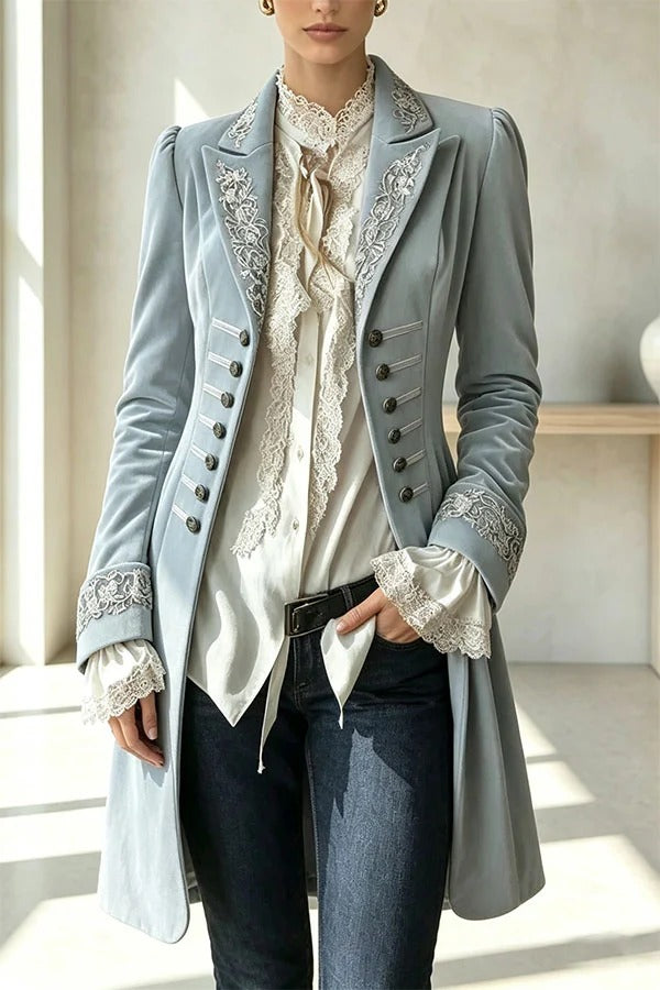Royal Style Velvet Embroidery Long Sleeve Napoleon Button-down Lapel Coat