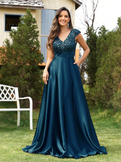Sequined V neck Evening Dress for Women Cocktail Elegant Satin A line Dress Party Dress Women