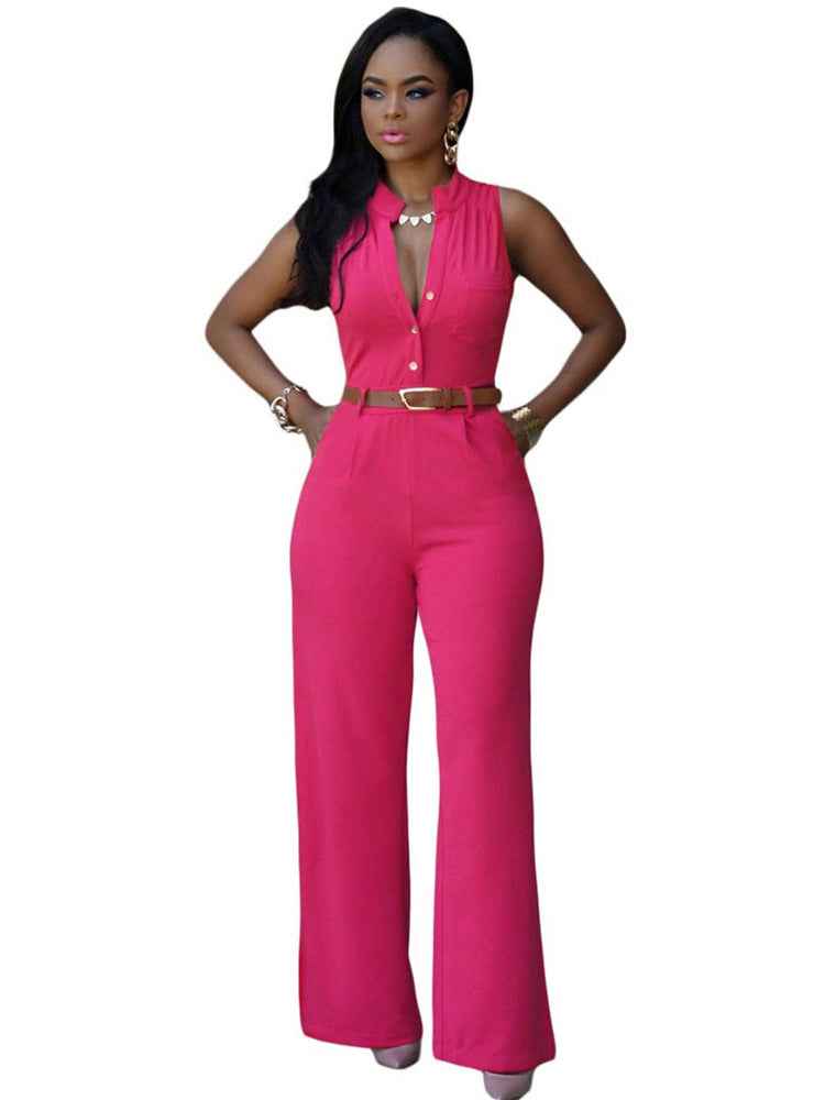 Women Clothing Single Breasted High Waist with Belt Wide Leg Pants Jumpsuit