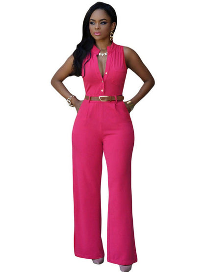 Women Clothing Single Breasted High Waist with Belt Wide Leg Pants Jumpsuit