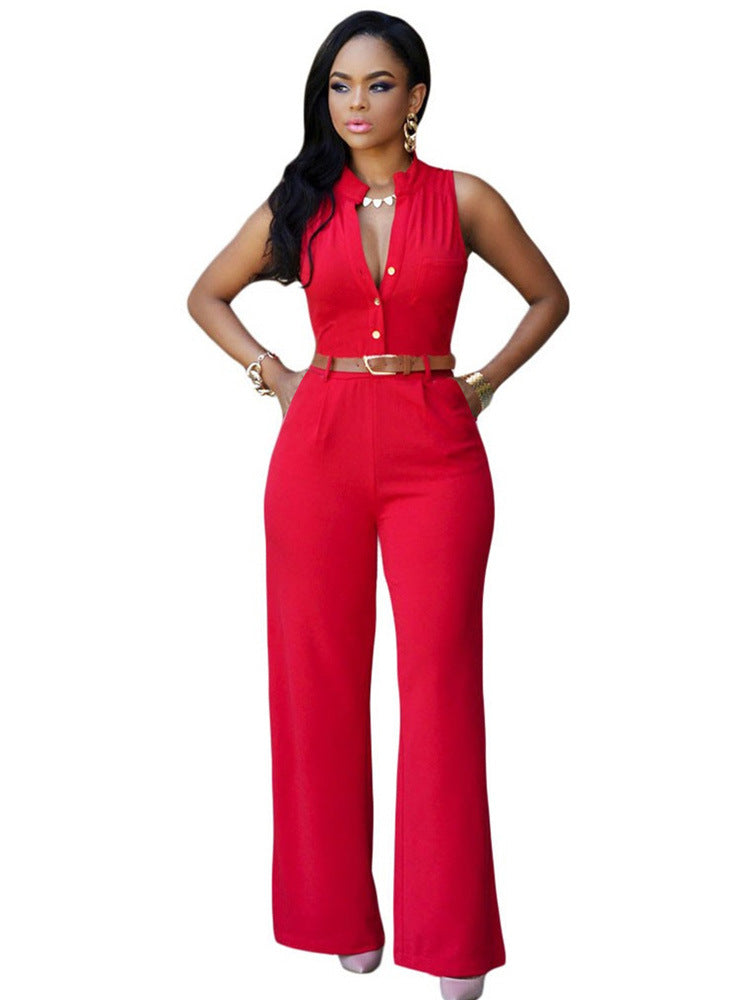 Women Clothing Single Breasted High Waist with Belt Wide Leg Pants Jumpsuit