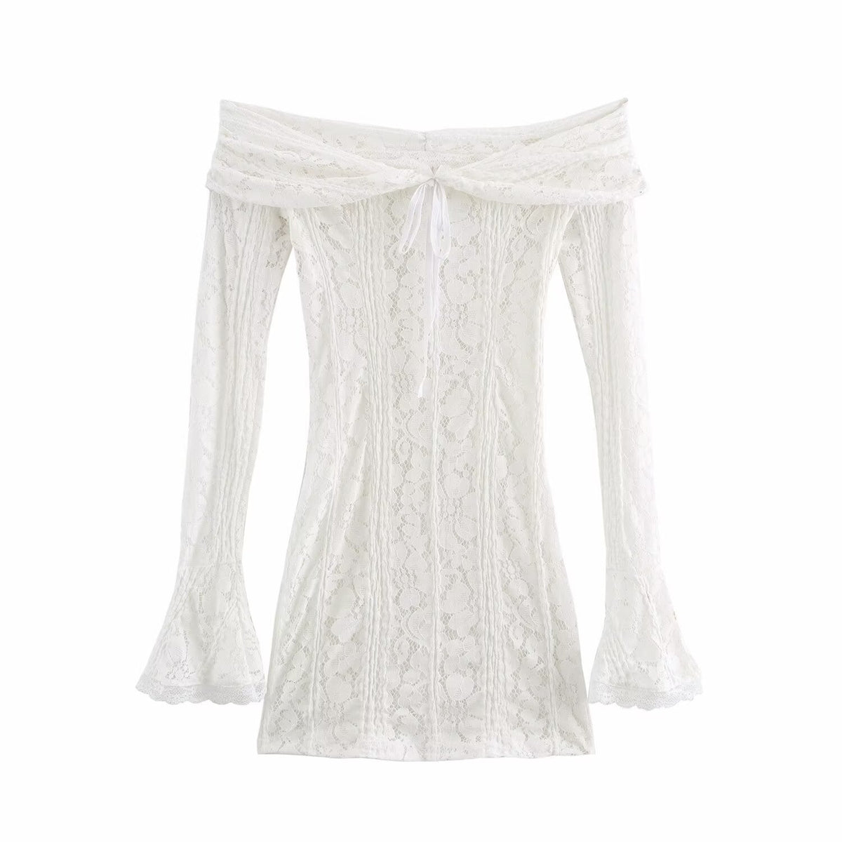 Lace Off Shoulder Bell Sleeve Smocked Panel Mini Dress
