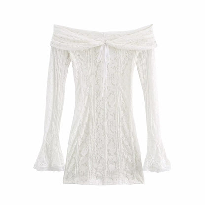 Lace Off Shoulder Bell Sleeve Smocked Panel Mini Dress