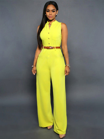 Women Clothing Single Breasted High Waist with Belt Wide Leg Pants Jumpsuit