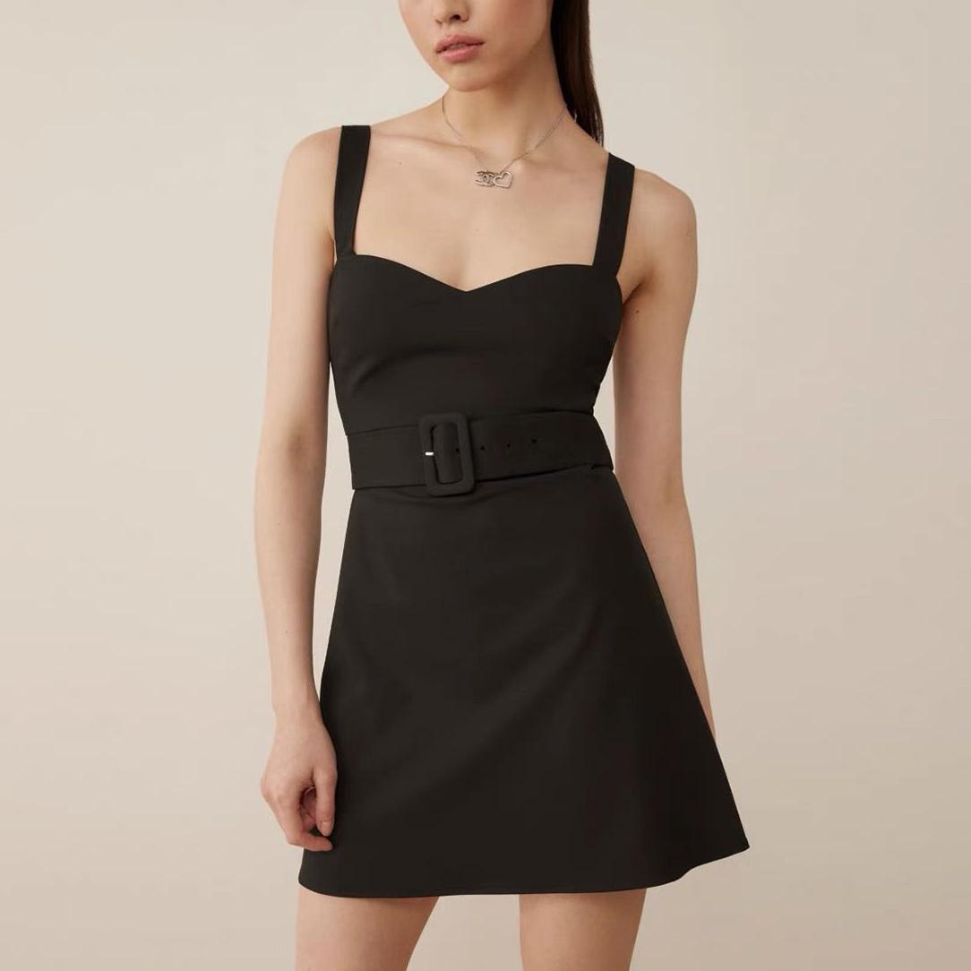Spring Retro V neck Suspender Sleeveless Dress French Special Interest Design High Waist with Belt Slim Fit A line Dress