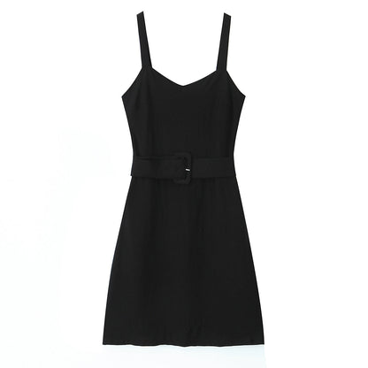Spring Retro V neck Suspender Sleeveless Dress French Special Interest Design High Waist with Belt Slim Fit A line Dress