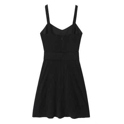 Spring Retro V neck Suspender Sleeveless Dress French Special Interest Design High Waist with Belt Slim Fit A line Dress