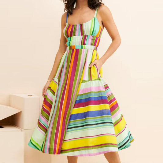 Colorful Striped Halter Dress Bohemian Holiday Back Cutout Fringe Lace Up Pocket Dress