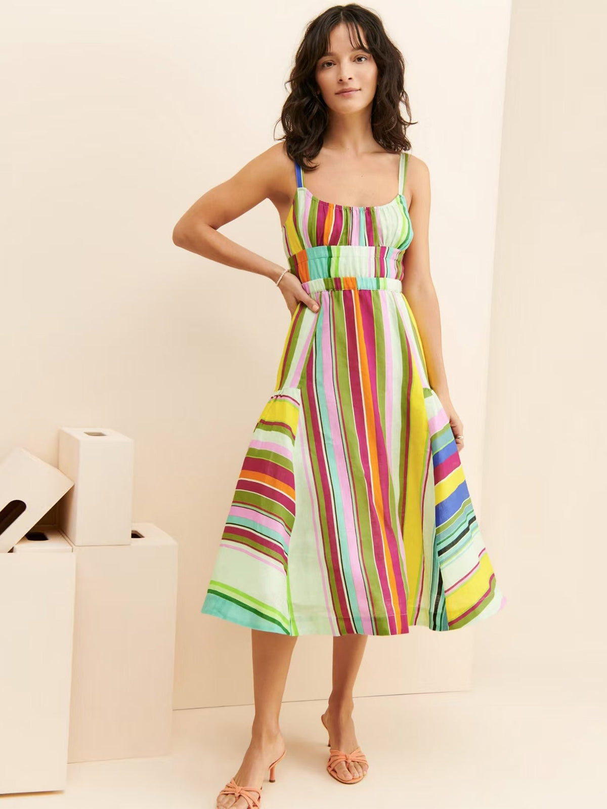 Colorful Striped Halter Dress Bohemian Holiday Back Cutout Fringe Lace Up Pocket Dress