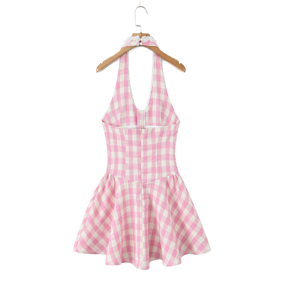 Sweet Plaid V neck Halter Slim Waist Dress Summer Floral Edge Stitched Backless Short Mini Dress