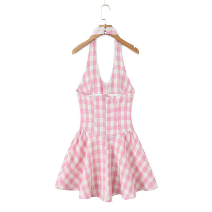 Sweet Plaid V neck Halter Slim Waist Dress Summer Floral Edge Stitched Backless Short Mini Dress
