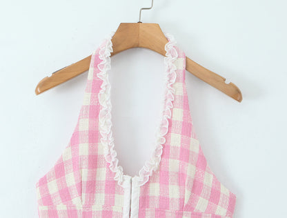 Sweet Plaid V neck Halter Slim Waist Dress Summer Floral Edge Stitched Backless Short Mini Dress
